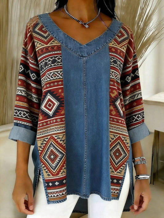 Alessandra™ | Camisa vaquera informal de mujer con estampado étnico vintage